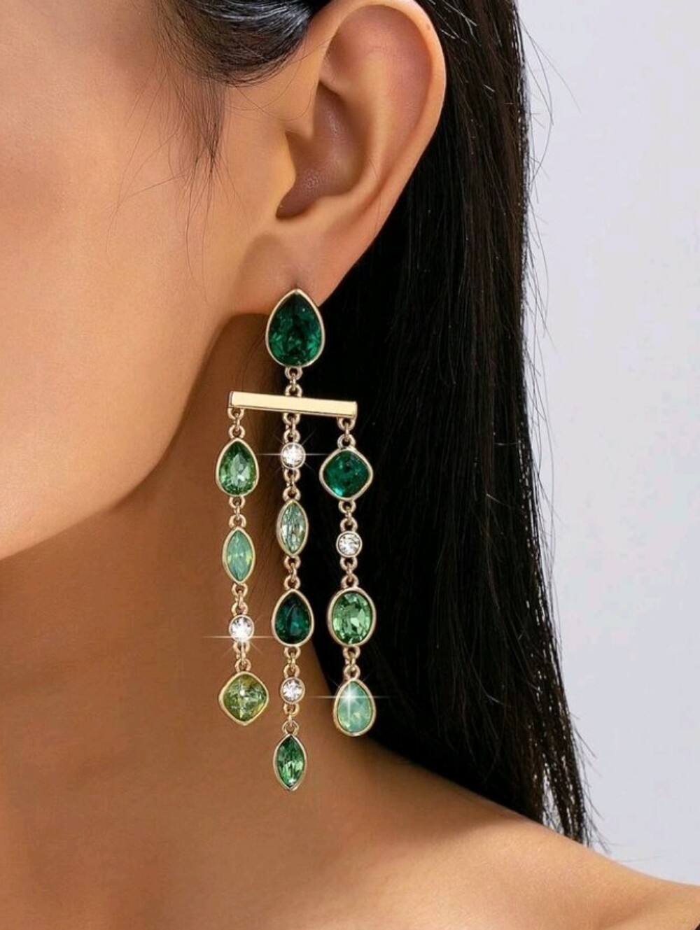 NEW! 14K Gold Plated Green Multi-Stone Dangle Post Earrings - Women's Jewelry